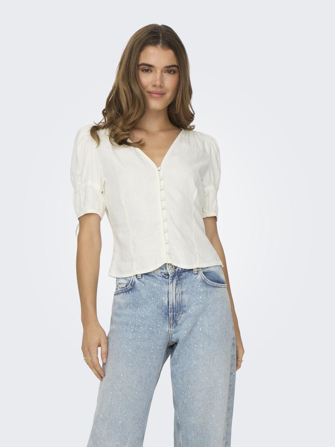 ONLCARO S/S BUT LINEN BL TOP CC PNT